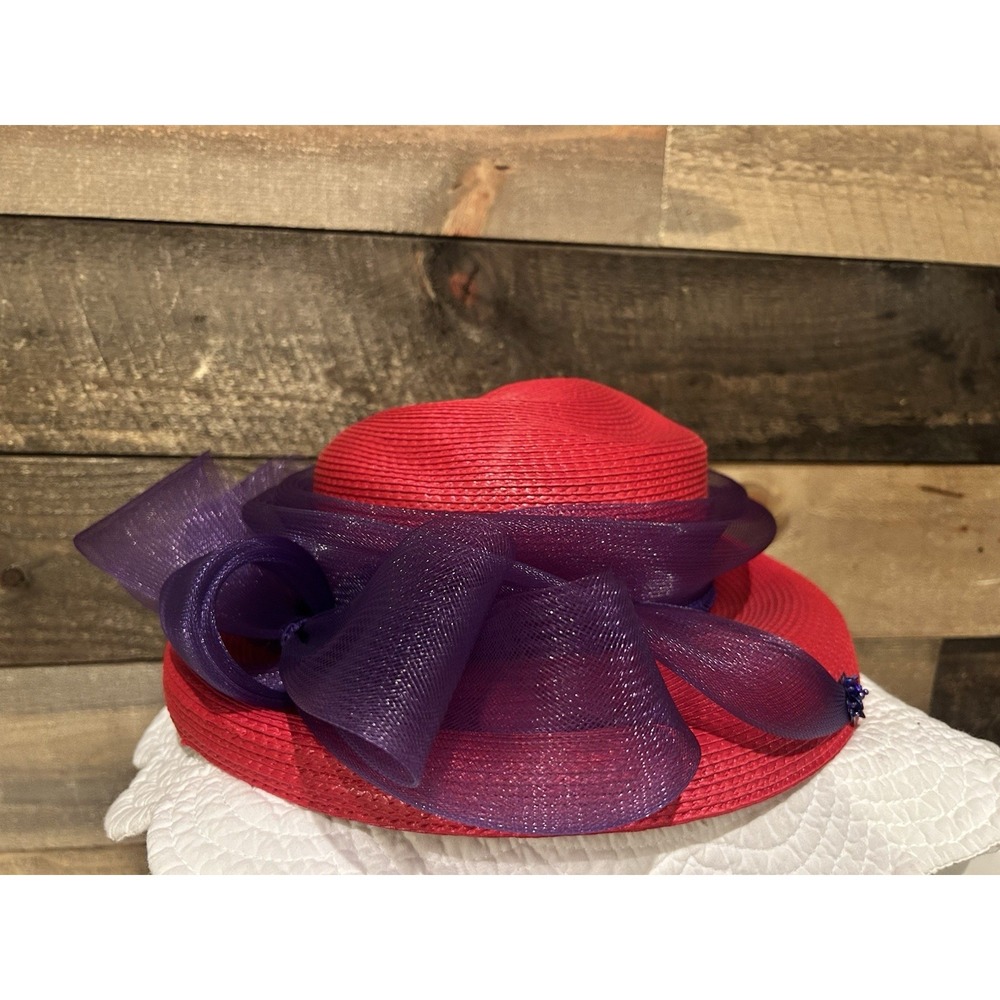 Red Wide Brim Straw With Purp Satin / Feather Formal Church Kentucky Derby Hat